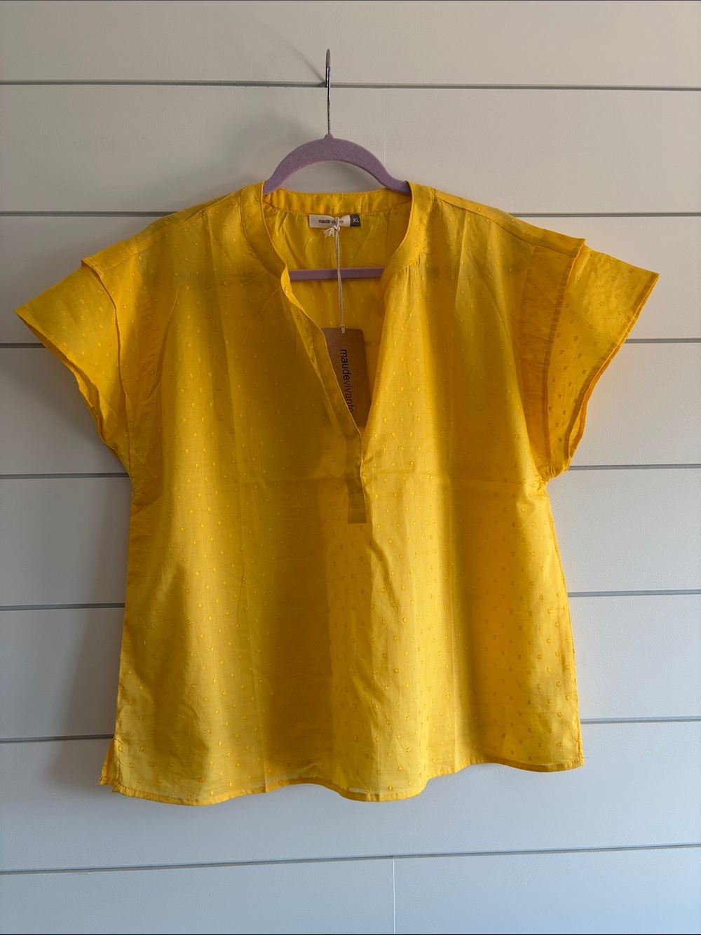Maude Vivante Swiss Dotted Split V-Neck Blouse in Bright Yellow NWT Size XL